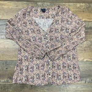 Daytrip Womens M Mauve Floral Paisley Metallic Button Up Blouse Top Boho Western
